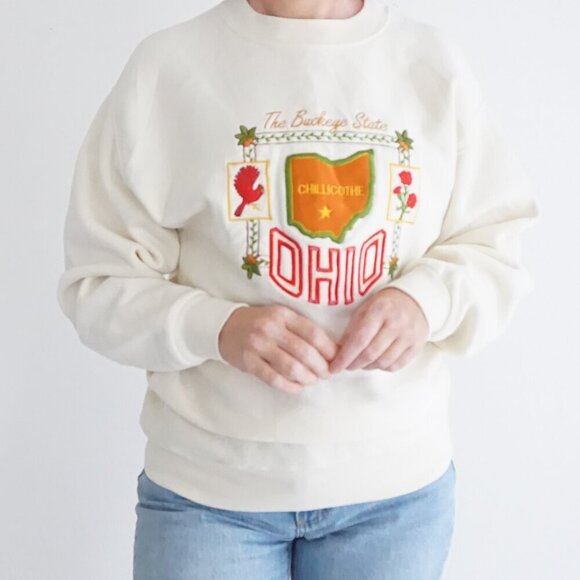 Vintage Bee Wear Cream Embroidered Ohio Buckeye State Crewneck Sweater M - Picture 2 of 11